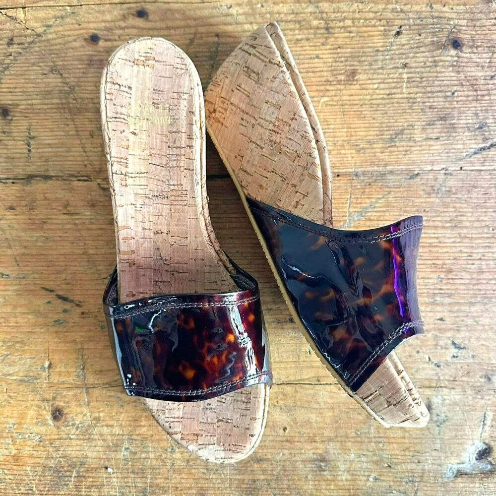 Stuart Weitzman NWOT Tortoise Kimono Heels Cork Wedge Leather Summer Shoes Sz 10